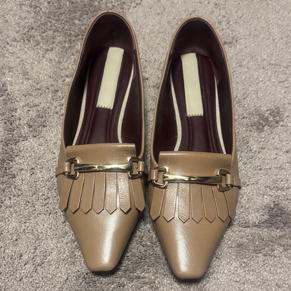 Franco Sarto Taupe Pointed Kiltie Loafers with Gold Bar